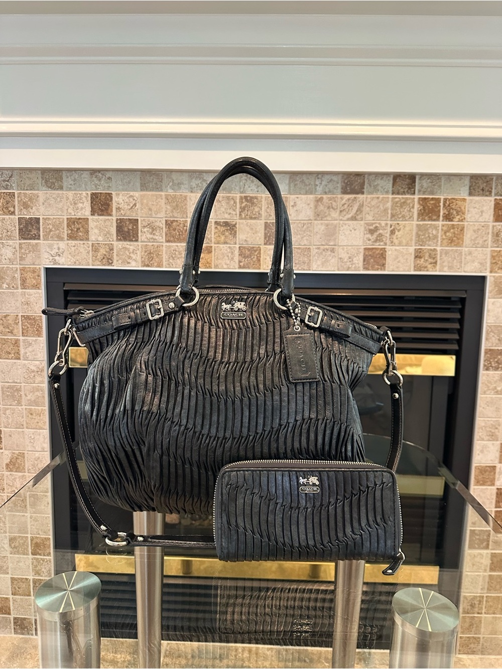 Coach Black Pleated Leather Tote with Matching Zip Wallet